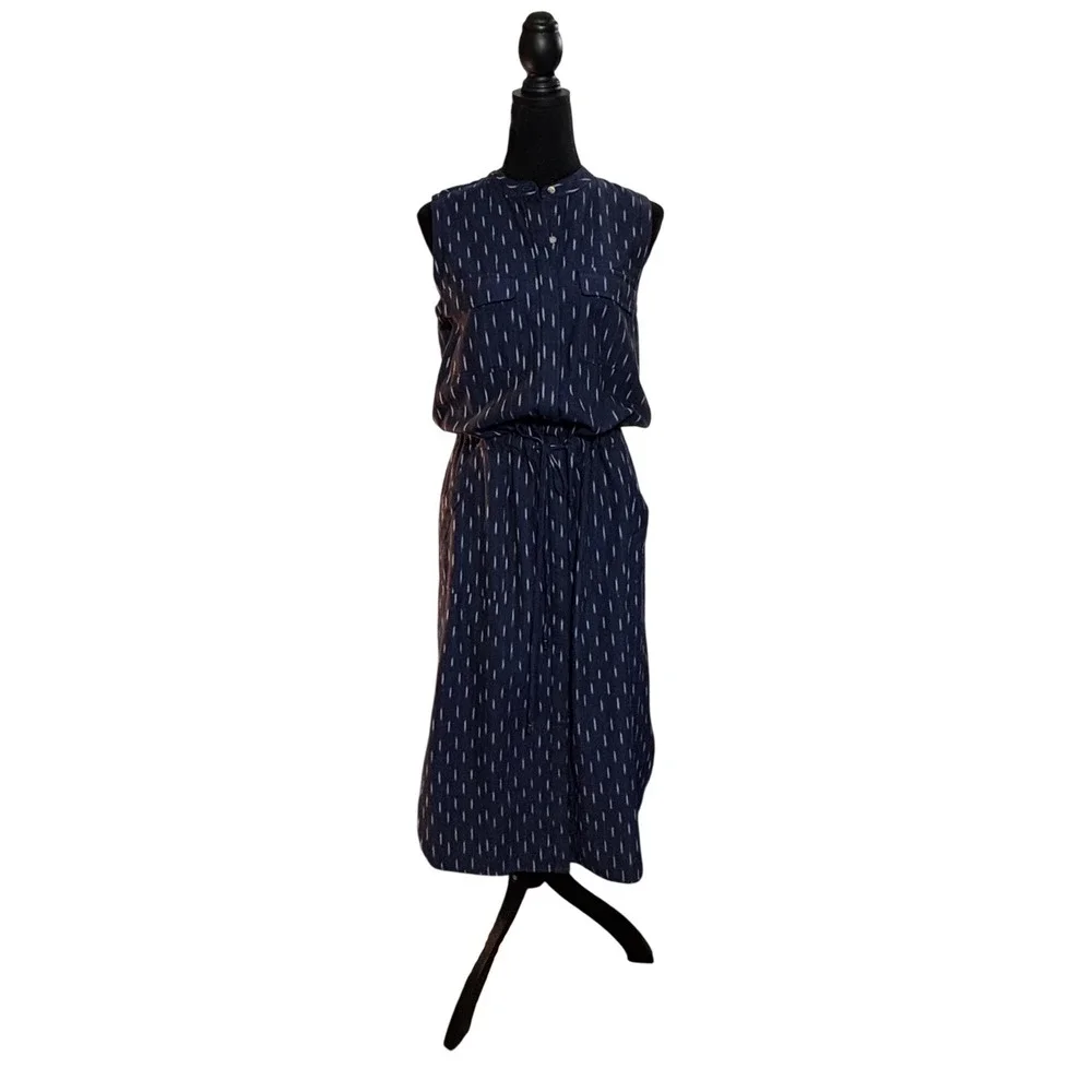 Faherty‎ Women XS Blue Ikat Print Sleeveless Linen Midi Dress Drawstring Waist - Picture 5 of 16